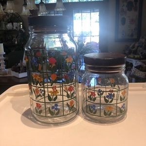Anchor hocking canister glass jars MCM Nina floral hand painted set two s&l 83